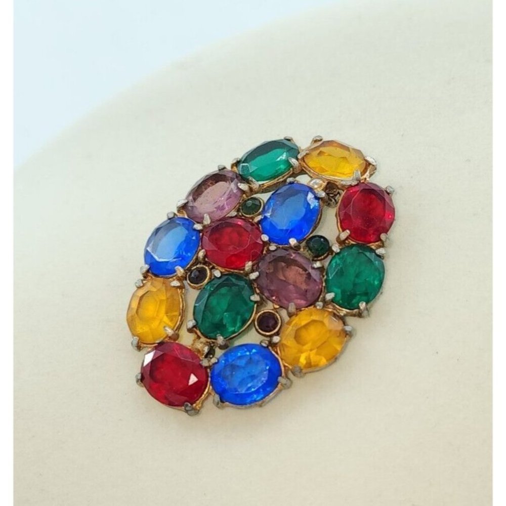 Vintage Unbranded Gold Tone Oval Brooch Multicolor Rhinestone Fruit‎ Salad Heavy
